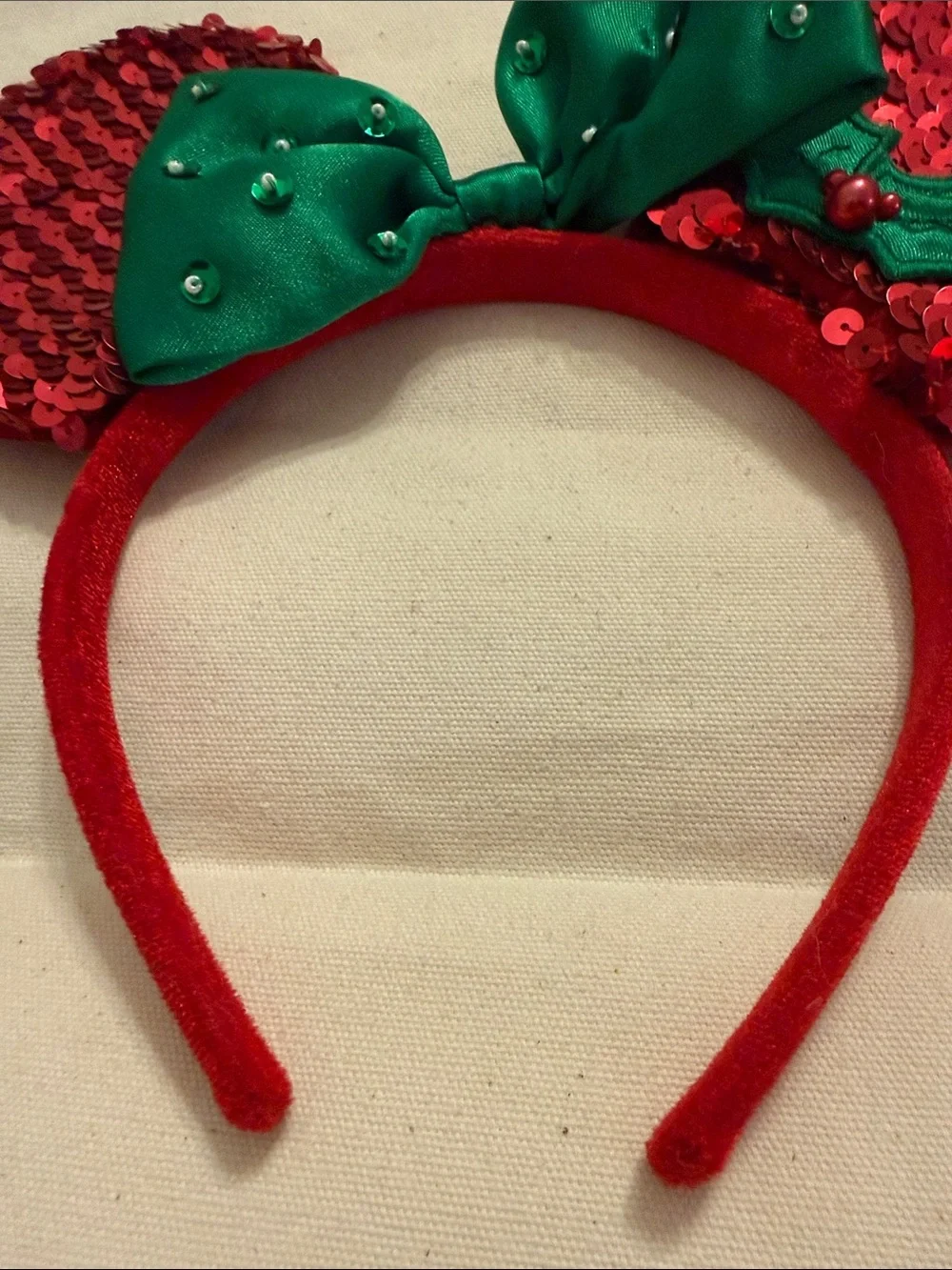 Walt Disney World Parks Holiday Sequin Mouse Ears Headband Green Bow Holly Red